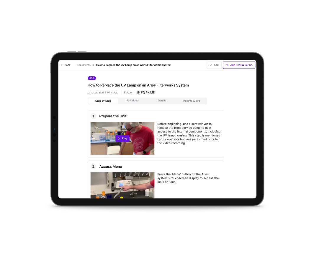 LineWise app showing an AI-generated step-by-step SOP on a tablet